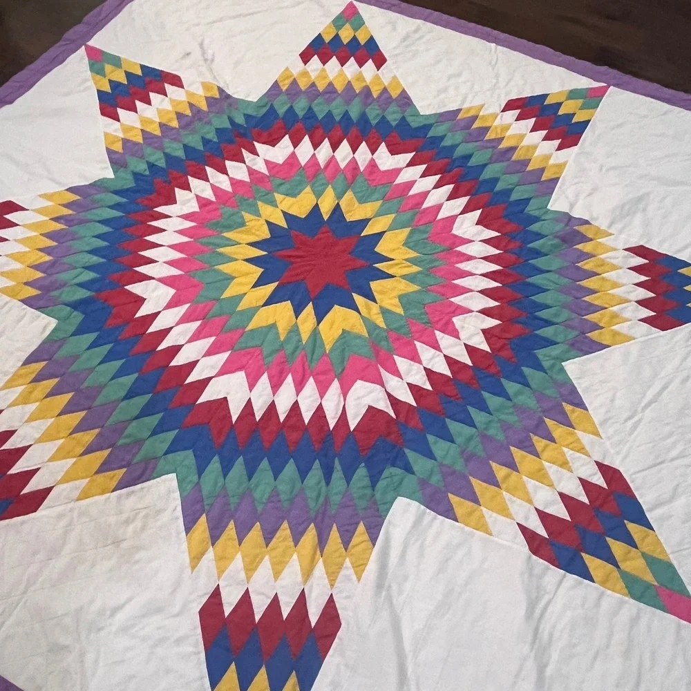 Vtg Lone Star Quilt Hand Stitched Patchwork Multi Color White Purple 80x82